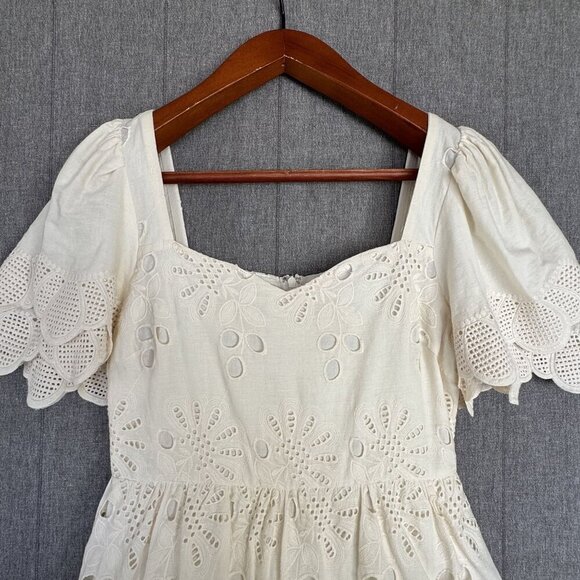 Just Me Beige Cotton Embroidered Short Bell Sleeve Ruffle Tier Mini Dress Size L - Picture 5 of 13